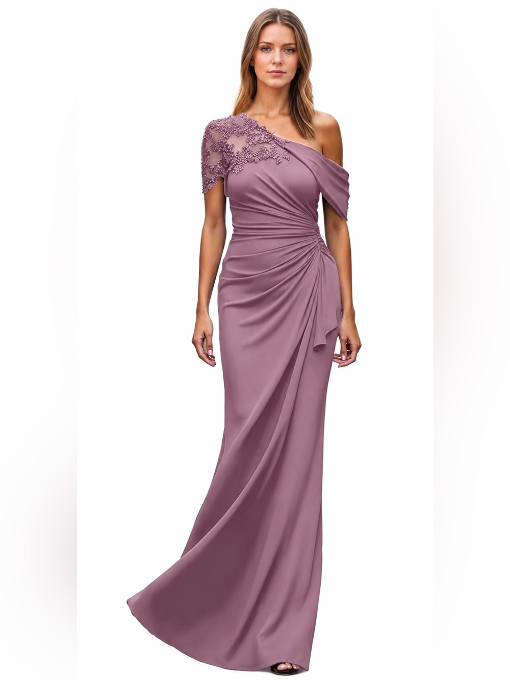 Dusty Mauve One Shoulder Beaded Lace Chiffon Gown Size 12 Formal Dress NWT
